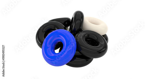 Pile of Shiny Torus Shapes in Blue, Black, and White