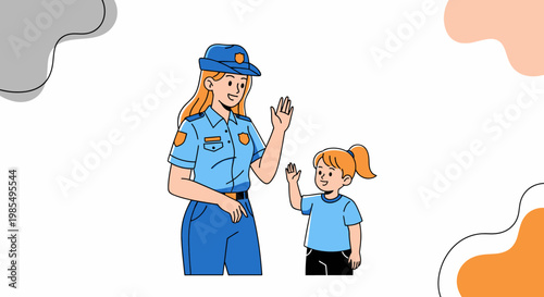 Police officer, woman, and child, vector illustration, safety, security, education, kids, law enforcement, community