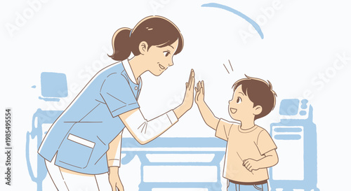 Friendly nurse, healthcare professional high fiving a happy child, medical setting, blue and beige vector illustration, 1 icon