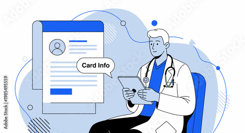 Medical, healthcare, doctor, payment, information, vector illustration, blue, white, Card Info, stethoscope, tablet, online, security, medicine, doctor patient, digital, payment card