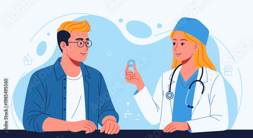 Medical consultation, doctor and patient illustration, healthcare vector, blue and white cartoon