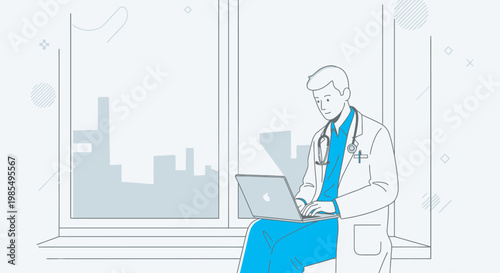 Doctor, medical professional, sitting, laptop, window, city view, blue accents, line art, vector illustration, healthcare, medicine, technology, office