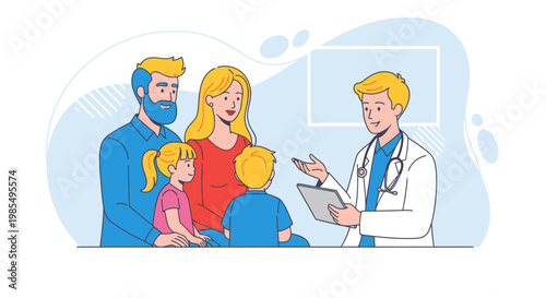 Family, doctor, medical consultation, healthcare, vector illustration, flat design, blue and red color scheme, people, medicine, health check