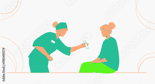 Medical, healthcare, vector illustration, doctor, nurse, patient, green, white, cartoon, flat design, medical consultation, health check, examination, female doctor, female patient