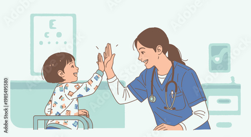 Friendly doctor, nurse giving high five to happy child, medical professional, healthcare worker, pediatrician, clinic, hospital, vector illustration