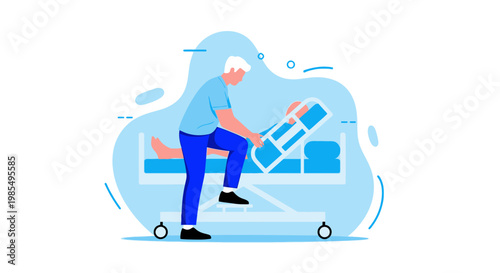 Elderly man exercising with dumbbell, fitness illustration, blue vector graphic, healthy lifestyle concept, workout routine