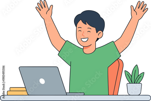 Man sitting at desk with laptop raises arms in celebration indoors