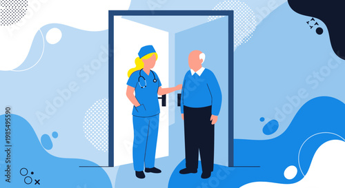 Healthcare, medical professionals, doctor, patient, blue vector illustration, healthcare workers, medical staff, vector graphics, blue background