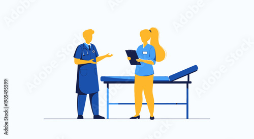 Medical professionals, doctor and nurse, healthcare workers, blue uniform, vector icons, medical office, healthcare setting, illustration
