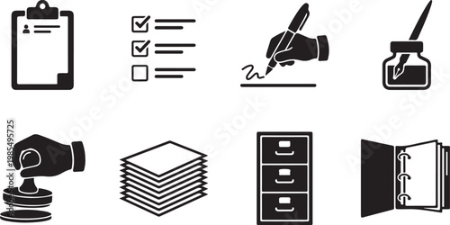 Office icons, business symbols, paperwork signs, administration graphics, 8 icons