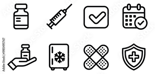 Vaccine icons set medical vial, syringe, checklist, calendar, bandage, shield icons, modern flat design representing vaccination process