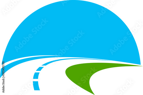 Asphalt highway pathway graphic icon or sign. Freeway road label, speed pathway vector icon. Highway route graphic symbol or emblem with curved asphalt road lane markings stretching into landscape