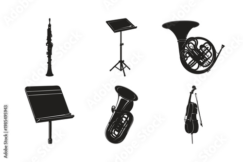 Orchestra musical instruments silhouette set bundle: oboe, horn, cello design.