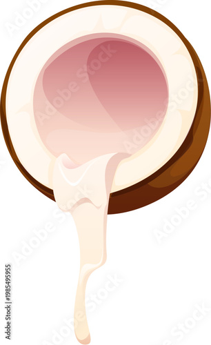 Cartoon coconut half with creamy coconut milk pour in smooth flow from coco nut half. Vector fresh natural food ingredient with tropical fruit texture. Liquid splash, cooking process, refreshing drink