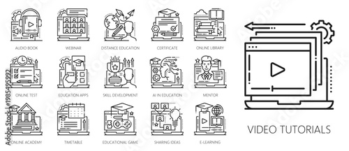 Online education line icons of e learning, online library, video tutorials and audio book. Vector outline webinar, distance education and online test app, skills development and AI education icons