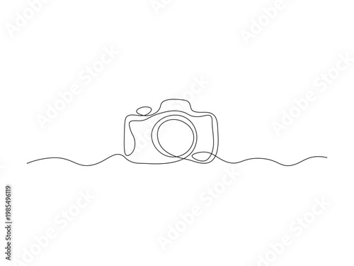 A minimalist depiction of a camera, its lens and body outlined with elegance. Continuous single one line art hand drawing sketch logo on white background.
