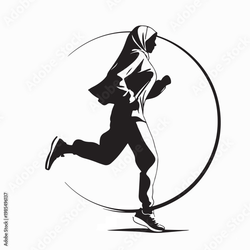 Active Muslim Woman Running Exercise Silhouette Vector Design