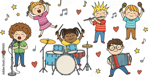 Diverse Group of Happy Children Playing Musical Instruments in a Cute Cartoon Vector Illustration Band