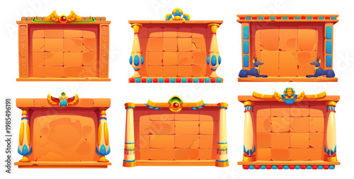 Ancient Egypt adventure game vector frames, antique Egyptian stone boards with sandy textures and cracks. Frame adorned with scarabs, sphinx head, lotus flower, Anubis statue and ancient columns
