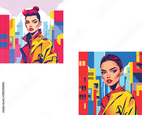 Vsai modern woman standing in front of colorful city pop art