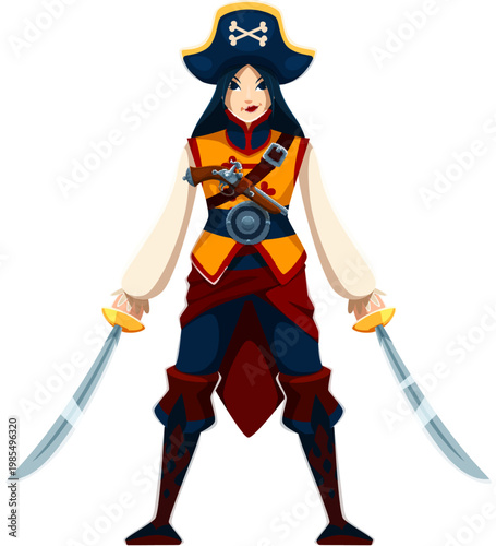 Cartoon Chinese woman pirate character with sabers and fierce gaze, sports a captain tricorn hat, brandishing gleaming sabers, ready for sea adventure. Vector Asian woman corsair queen personage