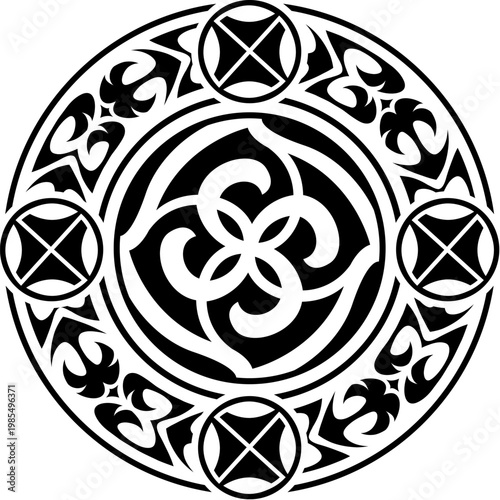 Maori sun medallion warrior black tattoo or decor. Polynesian warrior graphic tattoo, Maori tribe abstract decoration. New Zealand ethnic folk print
