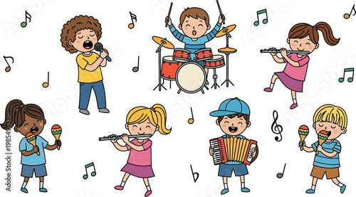Diverse Group of Happy Children Playing Musical Instruments and Singing in a Cartoon Vector Illustration Band