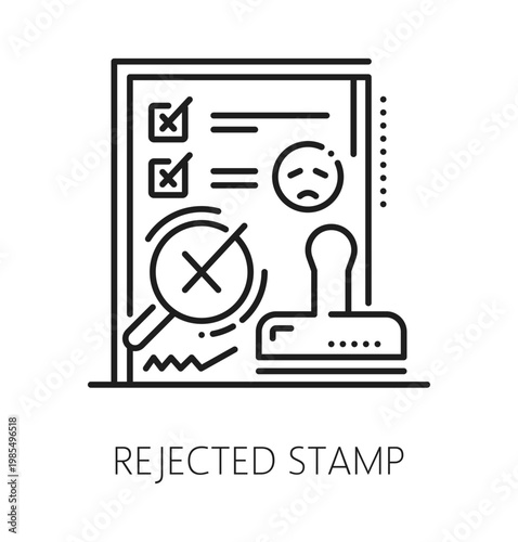 Quality check and inspection line icon or sign. Factory standards approval sign, regulatory certification vector icon. Quality inspection symbol with checklist document, stamp and emoji sad face