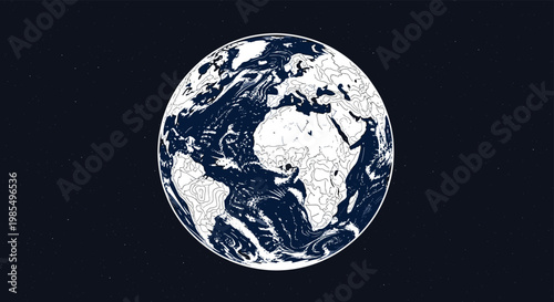 Detailed illustration of planet earth as seen from outer space showing continents and swirling ocean currents in blue and white on black.