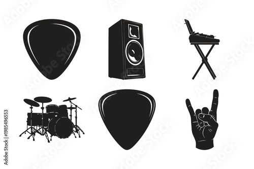 Silhouette music instruments set bundle guitar pick drum.