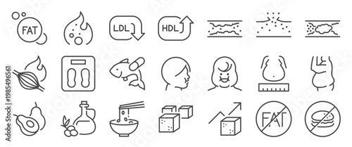 Cholesterol and fat icon set. It includes triglyceride, metabolism, medical, Ischemic stroke, and more icons. Editable Vector Stroke.