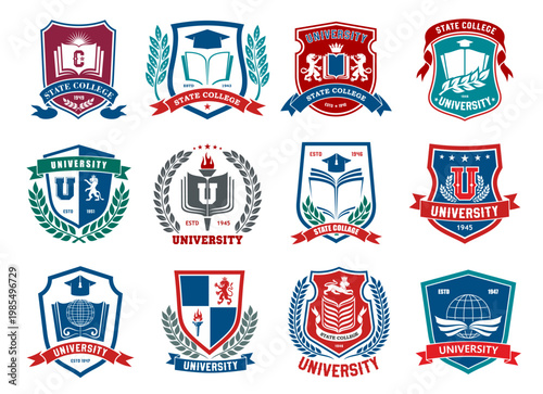 Education university, college and academy icons with books, student graduation hats and globes. Vector university shield badges or school crests with heraldic lions, crowns, torches and laurel wreaths
