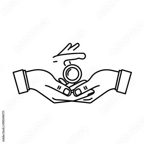 Hands holding a small round object, a symbol of giving and receiving, in a simple line art