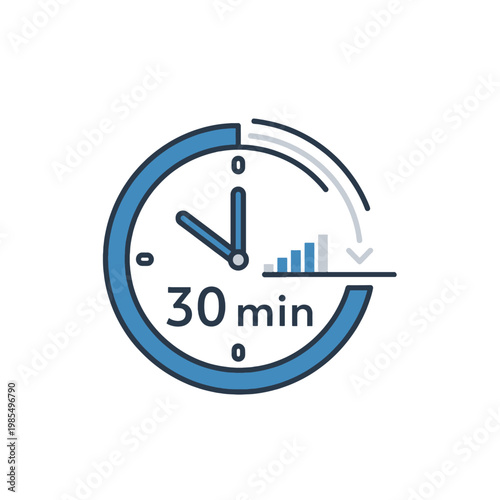 A blue clock icon showing thirty minutes with a progress bar and a downward arrow symbol