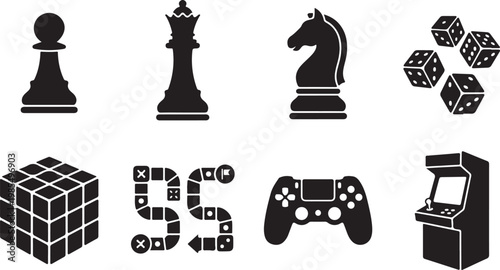 Black game icons, chess pieces, puzzle cube, arcade machine, vector graphics