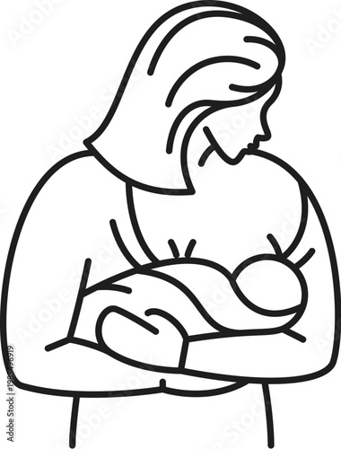 Baby breastfeeding and motherhood line icon or symbol. Mother breastfeeding baby lineart vector sign or symbol. Motherhood and child nursing outline icon or lactation pictogram with woman and infant