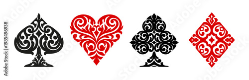 Casino poker gambling card suit ornament. Gambling card ornate vector background, casino playing card isolated pattern. Blackjack spade, heart, club and diamond suit ornament or poker game symbol