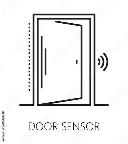 Door sensor home security electronics line icon or pictogram. House safety device thin line vector sign, security electronics linear icon. Home alarm equipment pictogram or symbol with opened door