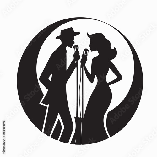 Happy Couple Singing Together with Microphone Logo Vector Silhouette