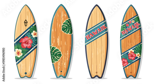 Collection of four different wooden surfboards decorated with vibrant tropical hawaiian patterns featuring hibiscus flowers and monstera leaves.