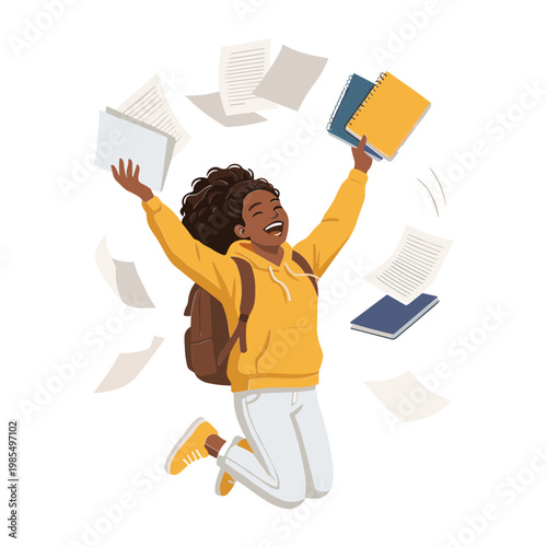 A young woman jumps up in excitement, surrounded by flying books and papers, wearing a yellow sweater and white pants in a lively scene.