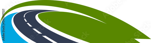 Motorway highway route abstract icon or emblem. Freeway pathway symbol, asphalt road vector emblem. Highway way abstract icon or label with smooth highway curve flowing into a vibrant green space
