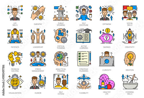 Color life skills icons with vector line leadership, active learning and empathy, health life, social and cooking skills symbols. Patience, problem solving, crisis management and creativity icons
