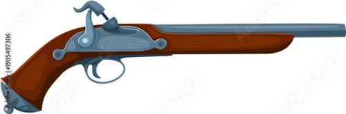 Pirate flintlock musket firearm weapon. Vector historical naval weapon with long metal barrel, wooden stock, trigger, and hammer mechanism. Isolated classic antique retro handgun for defense or combat