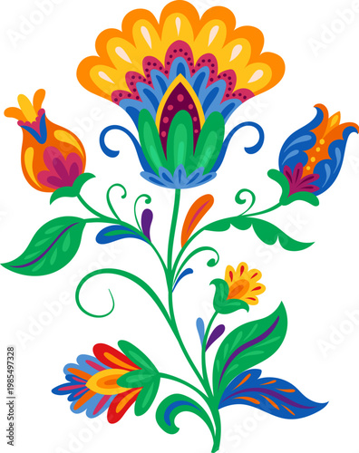 Mexican national print colorful flower element with leaves and colorful buds. Mexican culture colorful flower decor, Mexico ethnic plant vector object. Hispanic nature decoration or element