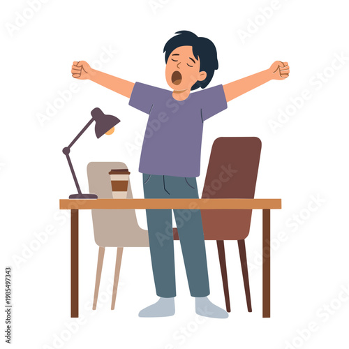 A man is standing behind a desk with arms raised in a moment of excitement or relief in an office.