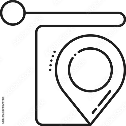 Travel destination, location point line icon or emblem. Navigation pin lineart vector pictogram, destination point thin line sign. Travel location outline symbol or icon with route path