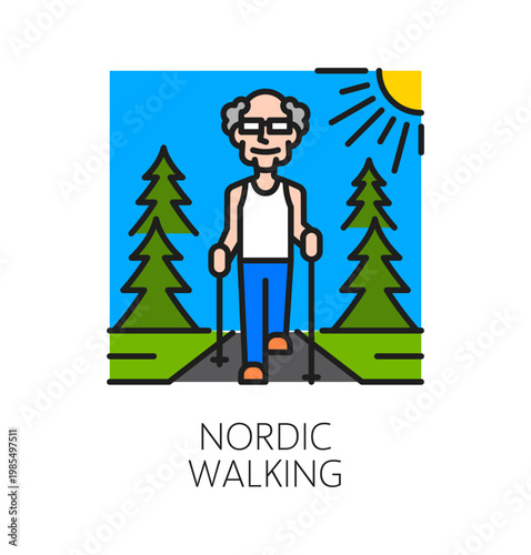 Elderly care service nordic walking color line icon or symbol. Elderly help pictogram, seniors care center vector sign. Old people nursing service icon with elderly man walking in forest or park