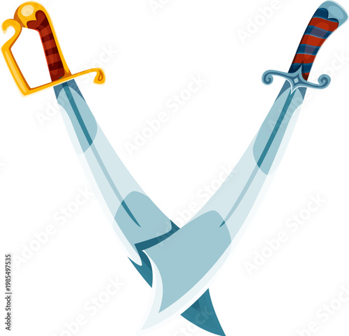 Pirate font cartoon crossed swords letter V. Corsair maritime typeface letter, marine sailing font vector symbol. Pirate nautical typeset element or sign with two cutlass swords