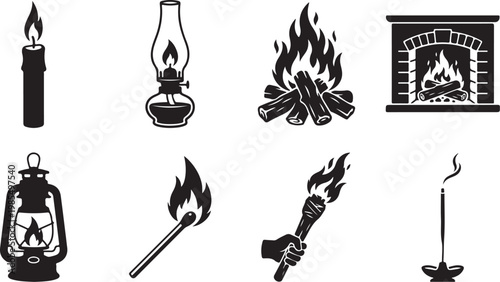 Fire icons, flame symbols, burning elements, candle and lantern graphics